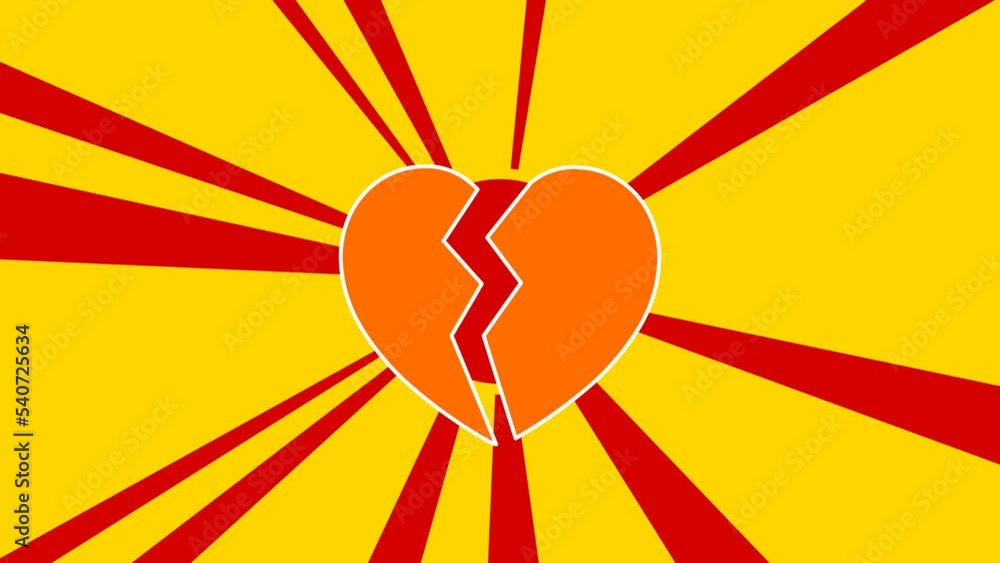 Poster broken heart symbol on the background of animation from moving rays of the sun. large orange symbol 