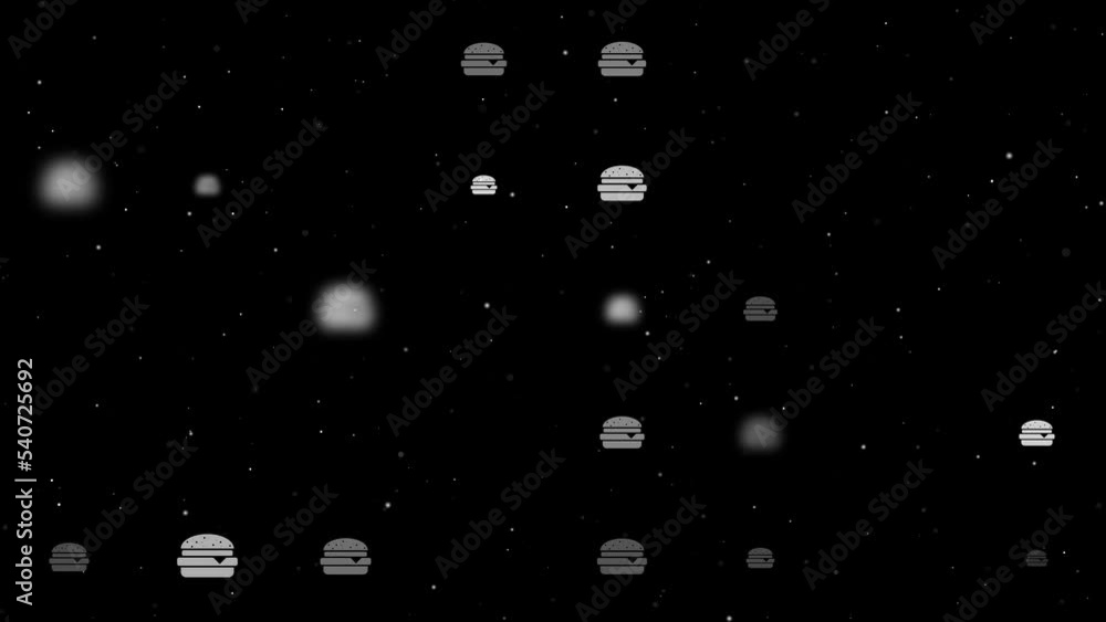 Poster Template animation of evenly spaced hamburger symbols of different sizes and opacity. Animation of transparency and size. Seamless looped 4k animation on black background with stars