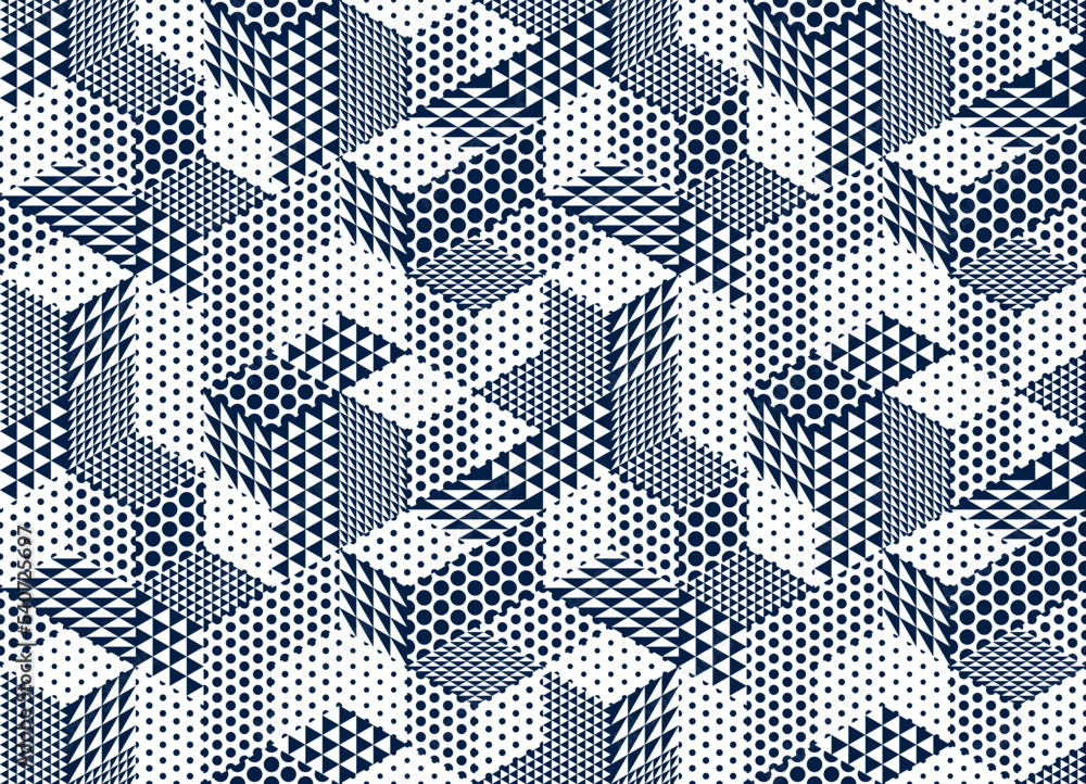 Poster seamless dotted cubes vector background, dots and triangles boxes repeating tile pattern, 3d archite