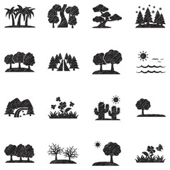 Nature Landscape Icons. Black Scribble Design. Vector Illustration.