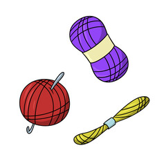 A set of colored icons, a bright red ball of knitting thread with a metal hook, lilac yarn, vector cartoon