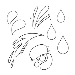 Monochrome set of icons, waves and water drops in cartoon style, various splashes, vector