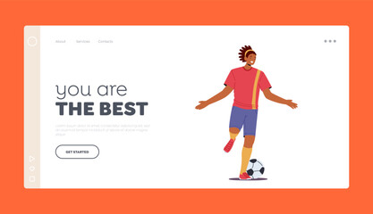 Sport Success Landing Page Template. Happy Black Sportsman Soccer Player Win, Celebrate Victory and Goal, Male Character