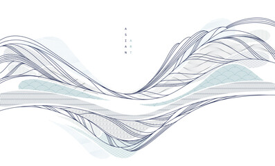 Abstract oriental Japanese art vector background, traditional style design, wavy shapes and mountains terrain landscape, runny like sea lines.