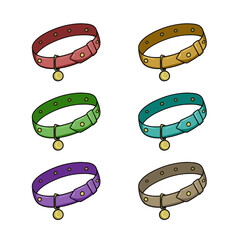 A set of colored badges, an animal collar with a golden round tag, vector cartoon