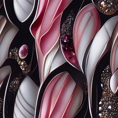 Black, White and Pink Curved Lines with Crystal and Gemstones Clusters Repeatable Texture