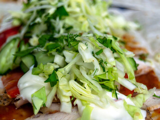 sliced cabbage close-up. cabbage salad. source of vitamins. Horizontal image.
