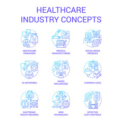 Healthcare industry blue gradient concept icons set. Clinical services. Life science. Medical sector idea thin line color illustrations. Isolated symbols. Roboto-Medium, Myriad Pro-Bold fonts used