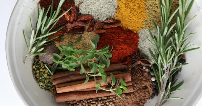 Various Spices, top view, indian spices and herbs