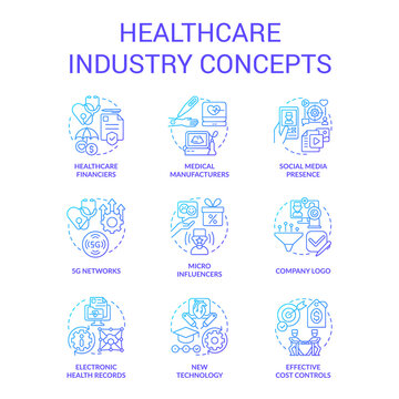 Healthcare industry blue gradient concept icons set. Clinical services. Life science. Medical sector idea thin line color illustrations. Isolated symbols. Roboto-Medium, Myriad Pro-Bold fonts used