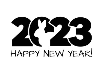 Happy new year 2023 logo with rabbit. The Chinese New Year. A vector black and white graphic illustration.