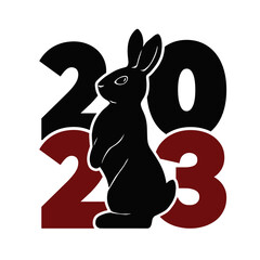 2023 logo with rabbit. Cool and stylish black and red icon. The Chinese new year 2023. Vector graphic illustration.
