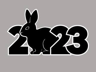 2023 logo with rabbit. Cool and stylish black and white icon. The Chinese new year 2023. Vector graphic illustration.