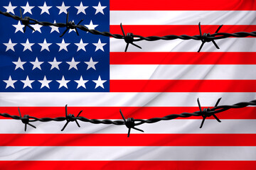 national flag of america on textured background, rows of barbed wire, concept of war, revolution,...