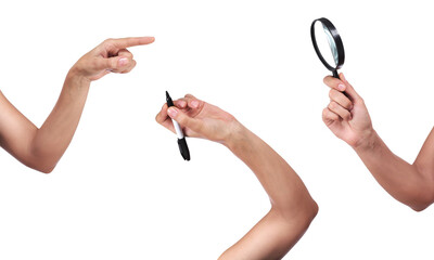 hands pointing, holding pen, holding magnifying glass on transparent background