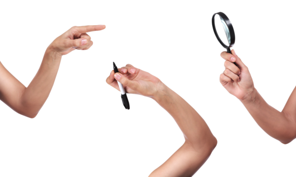 hands pointing, holding pen, holding magnifying glass on transparent background