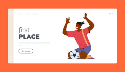 Fototapeta na wymiar Football First Place Landing Page Template. Black Sportsman Soccer Player Celebrating Win After Goal, Male Character