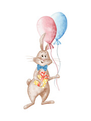 Funny Watercolor Bunny with Balloons and a Gift. Festive Rabbit With Bow.. Illustration of Rabbit Isolated on White Background. Children's Illustration of a Pet. Animal. Brown Rabbit