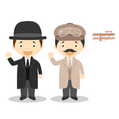 Wilbur & Orville Wright cartoon character. Vector Illustration. Kids History Collection.