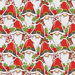 Seamless Pattern Christmas Gnome Santa Claus