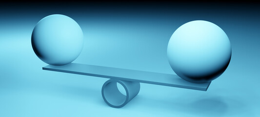 Finding balance, equality or stability concept with libra, scale, balls or globes in realistic blue studio interior, 3D rendering illustration