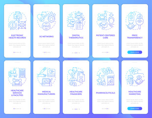 Medical sector trends blue gradient onboarding mobile app screen set. Walkthrough 5 steps graphic instructions with linear concepts. UI, UX, GUI template. Myriad Pro-Bold, Regular fonts used