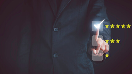 Customer give rating to service experience on satisfaction. Used feedback survey quality rate is Good Service, Positive Rating, Happy Service, Five Star Service on virtual touch screen.