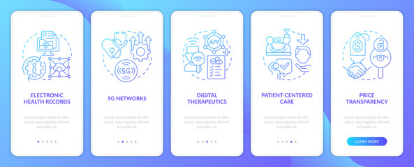 Healthcare industry trends blue gradient onboarding mobile app screen. Walkthrough 5 steps graphic instructions with linear concepts. UI, UX, GUI template. Myriad Pro-Bold, Regular fonts used