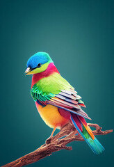 Colorful bird on a branch, isolated, imaginary animal.  Created with generative ai technology