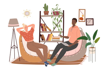 Modern comfortable interior of living room web concept. Women sit in chairs bags, bookshelf with books and decor, home plants. People scenes template. Illustration of characters in flat design