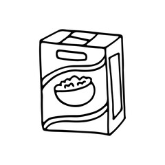 Flakes, bran, muesli - dry breakfast in a box. Morning cornflakes. Cereals. Doodle. Hand drawn. Vector illustration. Outline.