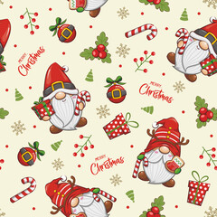 Seamless Pattern Christmas Santa Claus And Gnomes, Cute Cartoon Illustration