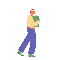 Man with christmas gift. Joyful young guy hold decorated box with present for xmas, noel or new year