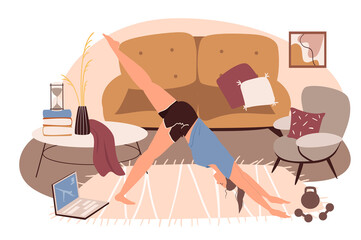 Modern comfortable interior of living room web concept. Woman doing yoga at online lesson in room with sofa, armchairs, decor. People scenes template. Illustration of characters in flat design