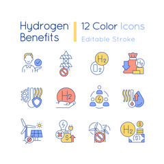 Hydrogen benefits RGB color icons set. Renewable energy. Carbon free economy. Isolated vector illustrations. Simple filled line drawings collection. Editable stroke. Quicksand-Light font used