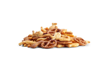 A pile of crispy savoury party food snacks isolated against a transparent background.