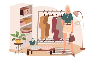 Modern comfortable interior of wardrobe room web concept. Woman stands in room with storage clothes, dresses on hangers, plant. People scenes template. Illustration of characters in flat design