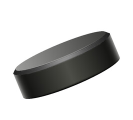 Realistic black rubber puck for play ice hockey. Hard round disk, sport equipment