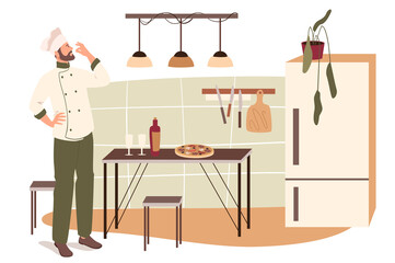 Chef made pizza in home kitchen web concept. Man in uniform cooking pizza, set the table, served wine, dinner in dining room. People scenes template. Illustration of characters in flat design