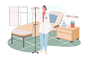 Medical office web concept. Nurse with dropper at ward. Hospitalization, rehabilitation, intensive therapy at medical clinic. People scenes template. Illustration of characters in flat design