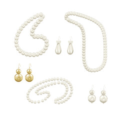 Set of pearl beads, earrings on the background. Pearl jewelry is stylish and luxurious. Design of postcards, banners, printing on fabric, covers