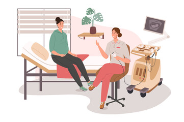 Medical office web concept. Pregnant woman on ultrasound. Doctor examines patient, monitoring prenatal development of baby. People scenes template. Illustration of characters in flat design