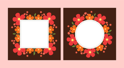 Square size of floral greeting card and invitation template for wedding or birthday anniversary, Vector shape of text box label and frame, Autumn flowers wreath ivy style with branch and leaves.