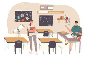 School web concept. Student learns astronomy at classroom. Teacher teaching subject in lesson at class. Science and education. People scenes template. Illustration of characters in flat design