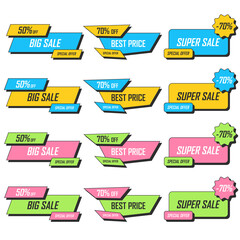 Set of tags and labels for sale. Template for use in trade labels, stickers, discounts and price tags on paper or website. Special offer. Vector illustration.