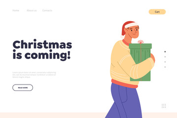 Christmas is coming concept of landing page with happy man with wrapped gift box