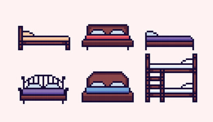 Bedroom furniture pixel art set. Single and double bed collection. 8 bit sprite. Game development, mobile app.  Isolated vector illustration.