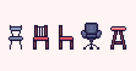 Chair, stool pixel art set. Dinning, cabinet furniture collection.  Interior room elements. 8 bit sprite. Game development, mobile app.  Isolated vector illustration.