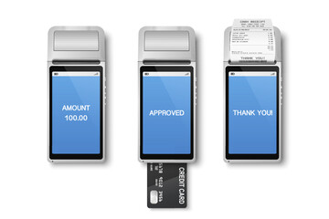 Vector 3d Realistic Silver Wi-Fi Payment Machine, Credit Card, Receipt. POS Terminal Isolated. Design Template, Bank Payment Terminal, Mockup. Processing NFC Payments Device. Top View