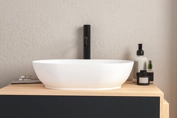 Naklejka na ściany i meble Close up of white sink with oval mirror standing in on white wall , wooden cabinet with black faucet in minimalist bathroom. Mock up stand for display of product. 3d rendering